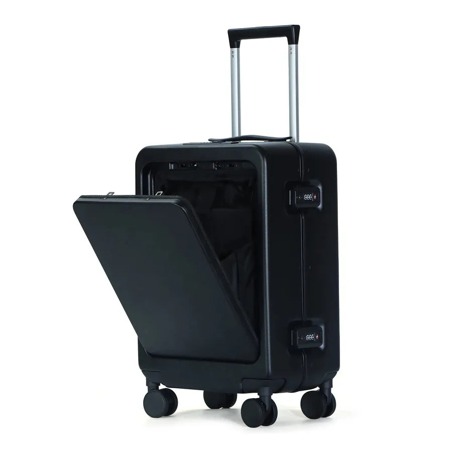 HKM-470291 Compact Black Aluminium Carry-On Trolley Case for Travel