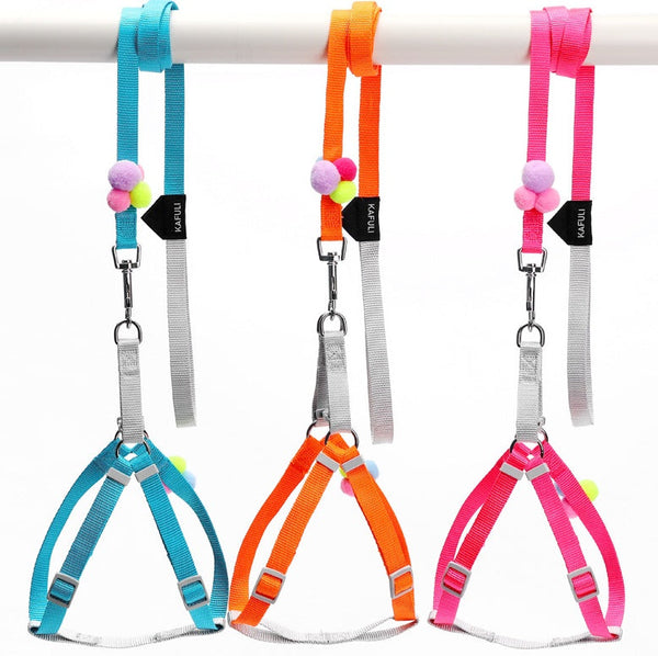 HKM-4703805 Colorful Fluffy Ball Cat and Dog Chest Harness with Traction Rope for Small to Medium Pets