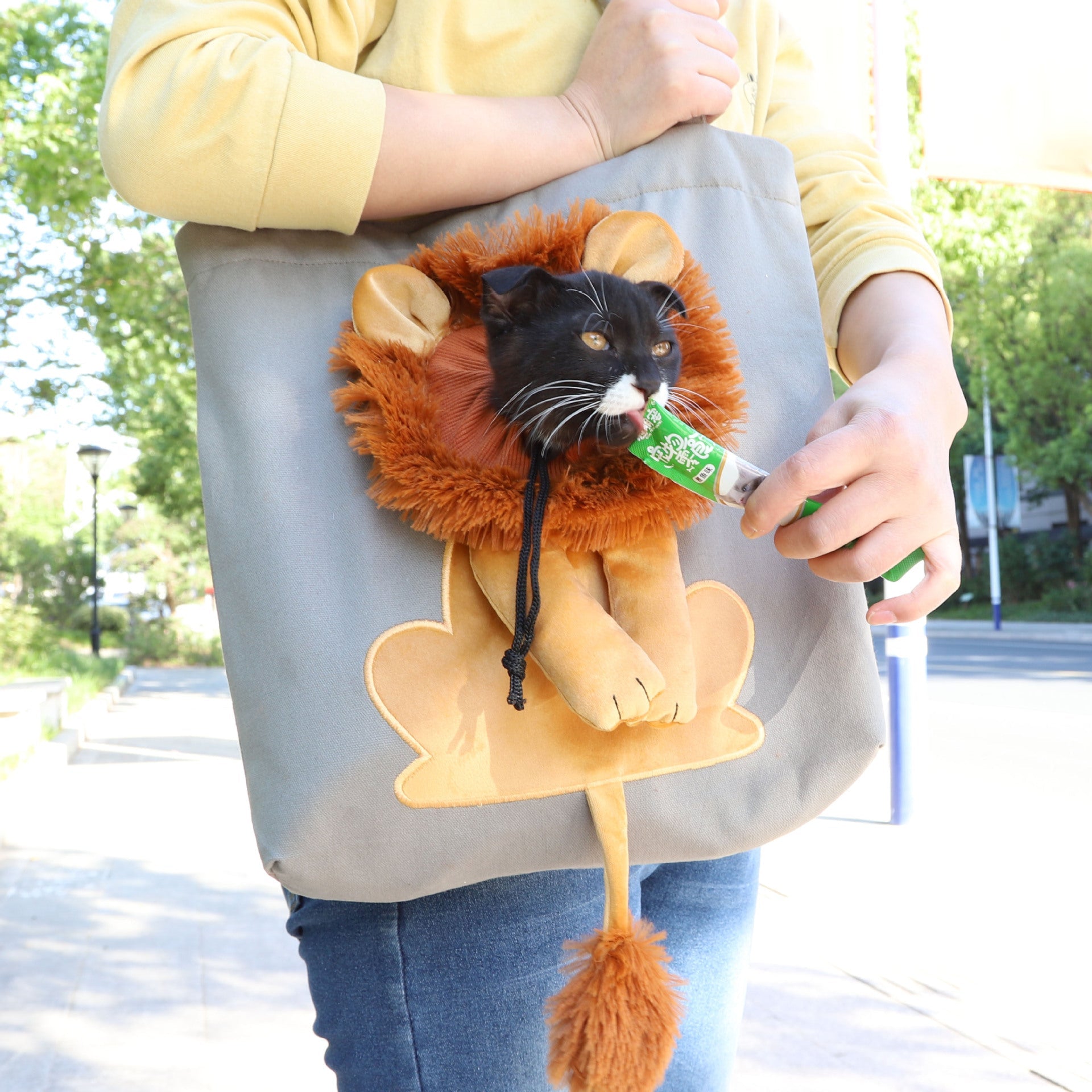 HKM-4704573 Lion Design Portable Pet Carrier Bag for Cats and Dogs, Breathable Canvas Sling with Adjustable Opening and Safety Zippers