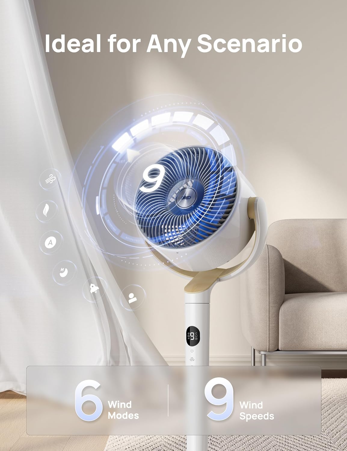 HKM-4705619 120° Omni-Directional Oscillating Pedestal Fan with Remote, 9 Speeds, 6 Modes, 20dB Noise Level, 8-Hour Timer, RGB Light