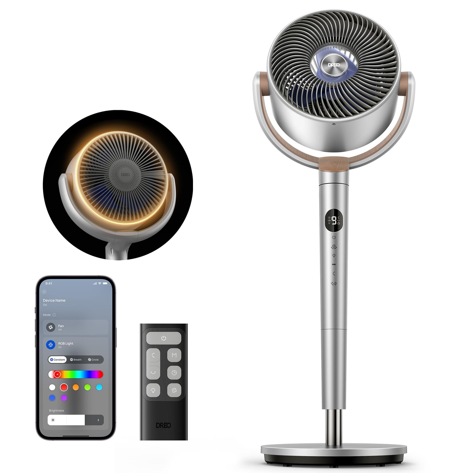 HKM-4705619 120° Omni-Directional Oscillating Pedestal Fan with Remote, 9 Speeds, 6 Modes, 20dB Noise Level, 8-Hour Timer, RGB Light
