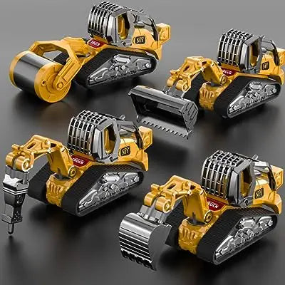 HKM-470867 4 in 1 Diecast Metal Truck Construction Machinery Toy Set for Kids, 1:32 Scale Friction Vehicles