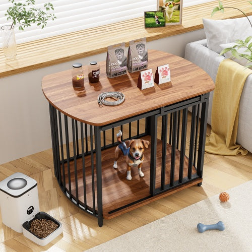 HKM-471059 Modern Wooden Dog Crate End Table for Small and Medium Dogs with Double Doors, Stylish Indoor Kennel Furniture