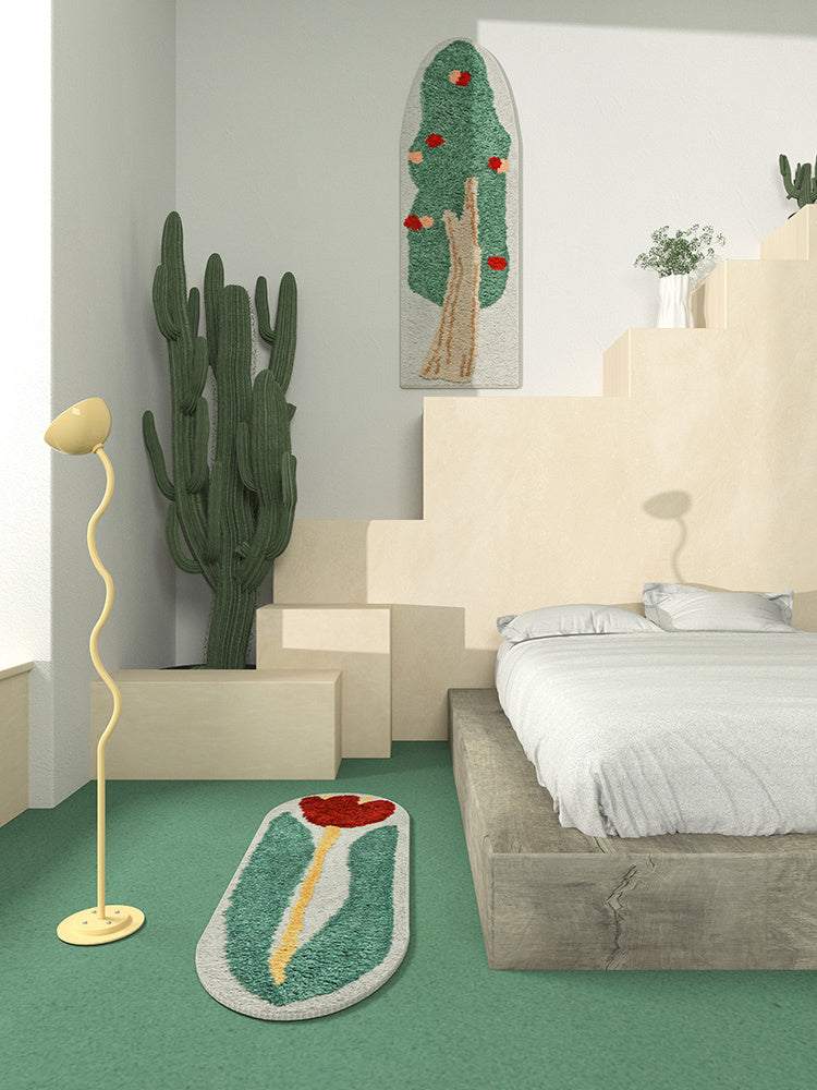 HKM-471123 Tulip Carpet for Girls' Bedroom - Modern Polyester Bedside Mat, 420MM x 1500MM, Spring Green Design