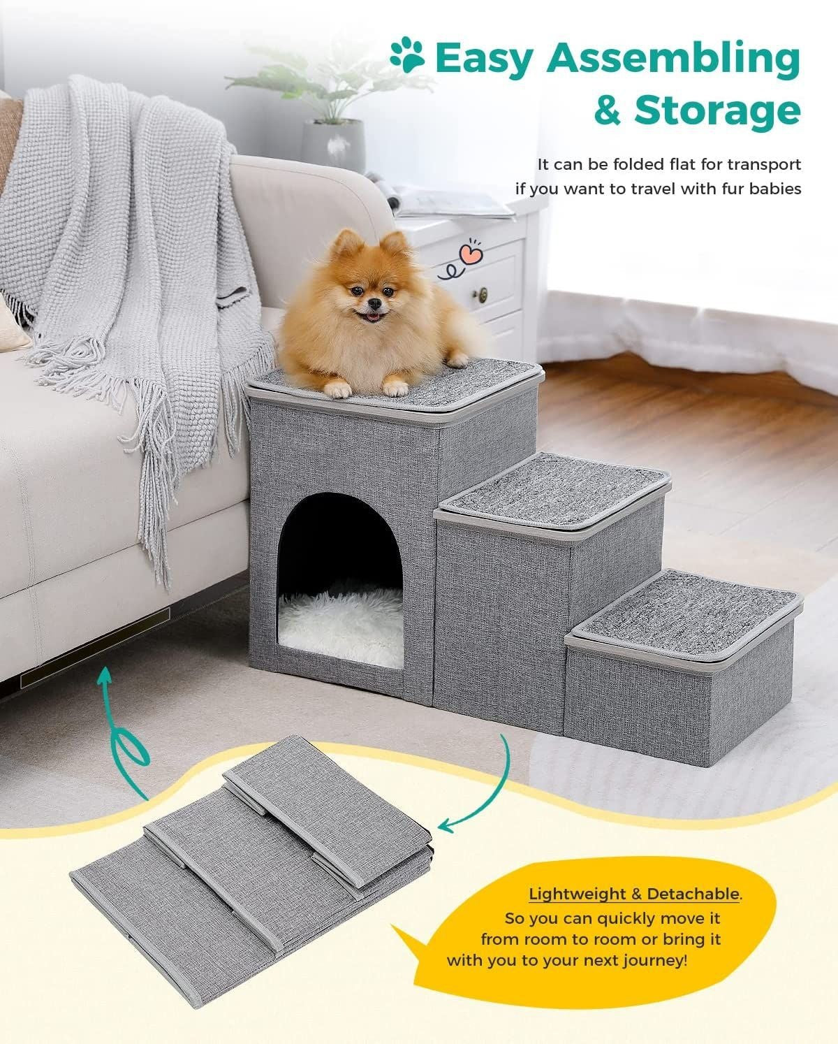HKM-4711357 Foldable Pet Ladder for Dogs and Cats, 72x33x41cm, Available in Gray, Navy Blue, and Khaki