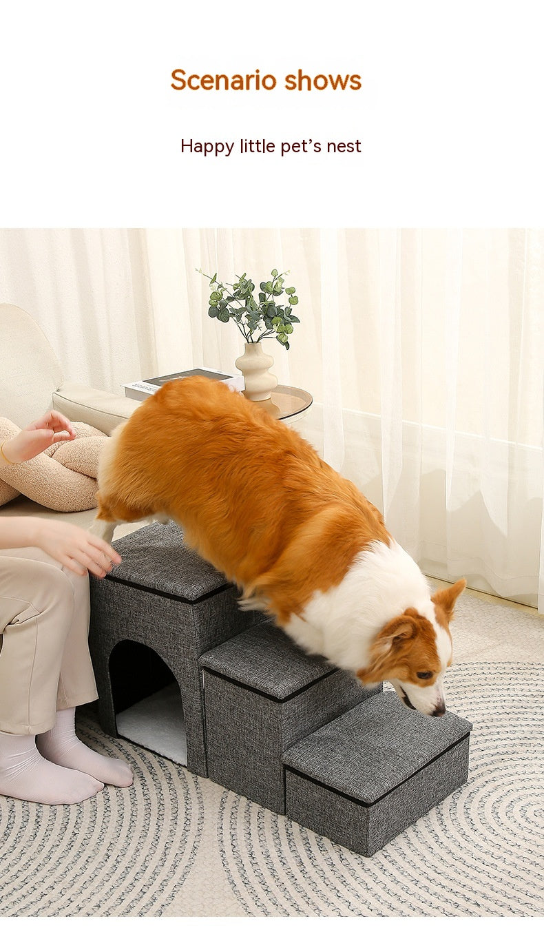 HKM-4711357 Foldable Pet Ladder for Dogs and Cats, 72x33x41cm, Available in Gray, Navy Blue, and Khaki