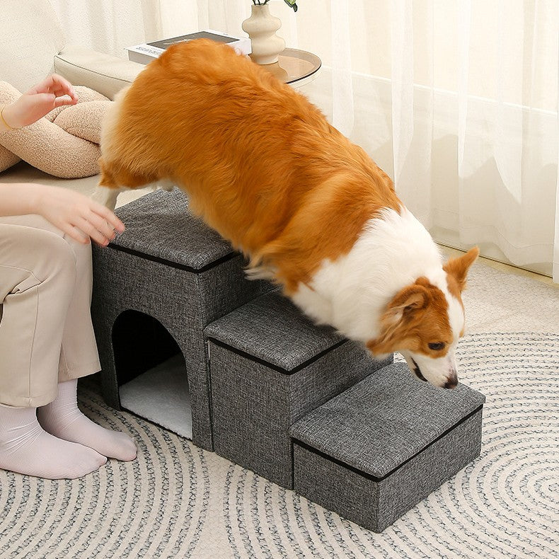 HKM-4711357 Foldable Pet Ladder for Dogs and Cats, 72x33x41cm, Available in Gray, Navy Blue, and Khaki