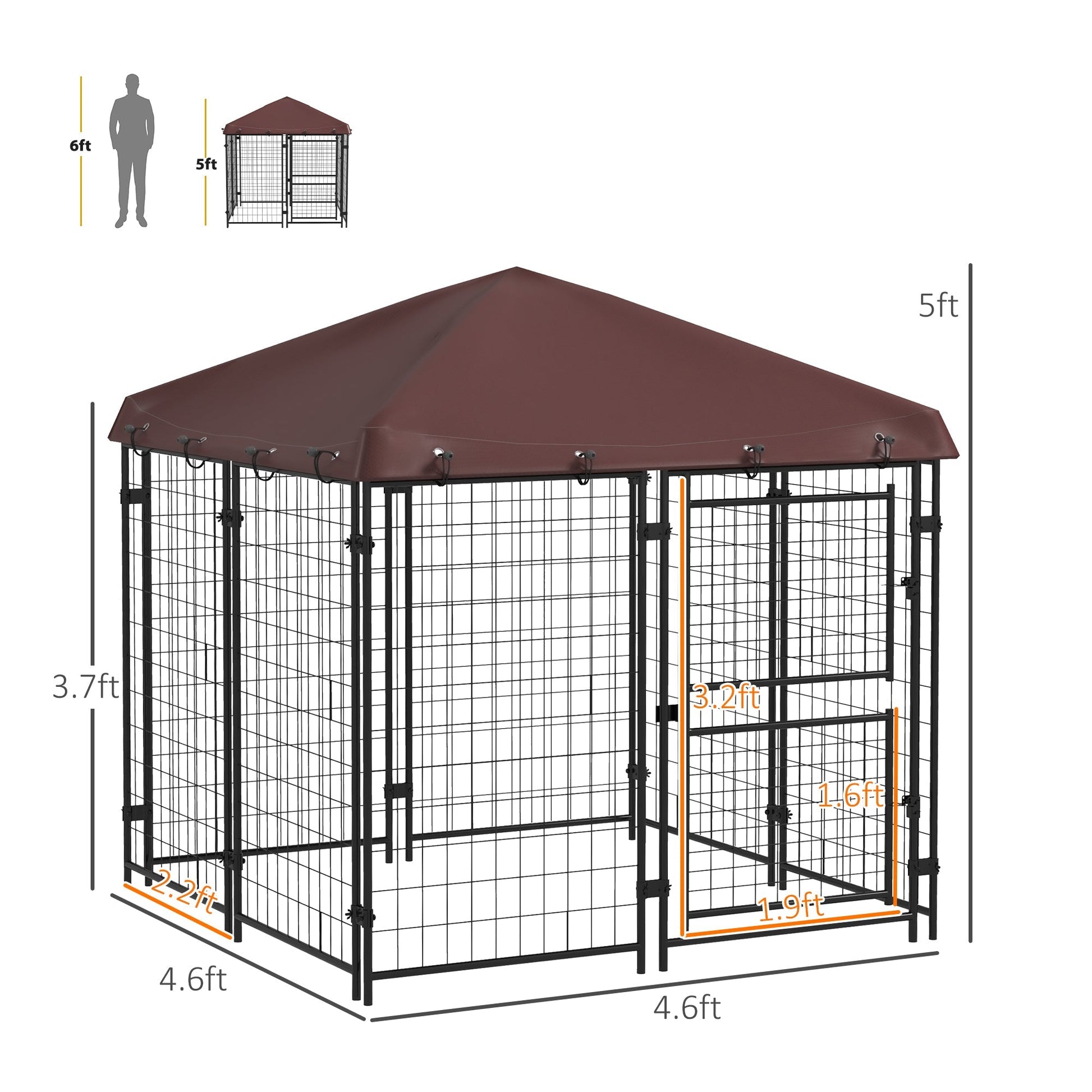 HKM-4711741 Outdoor Dog Kennel with Waterproof Canopy for Small to Medium Dogs - 4.6' x 4.6' x 5' with Dual Doors