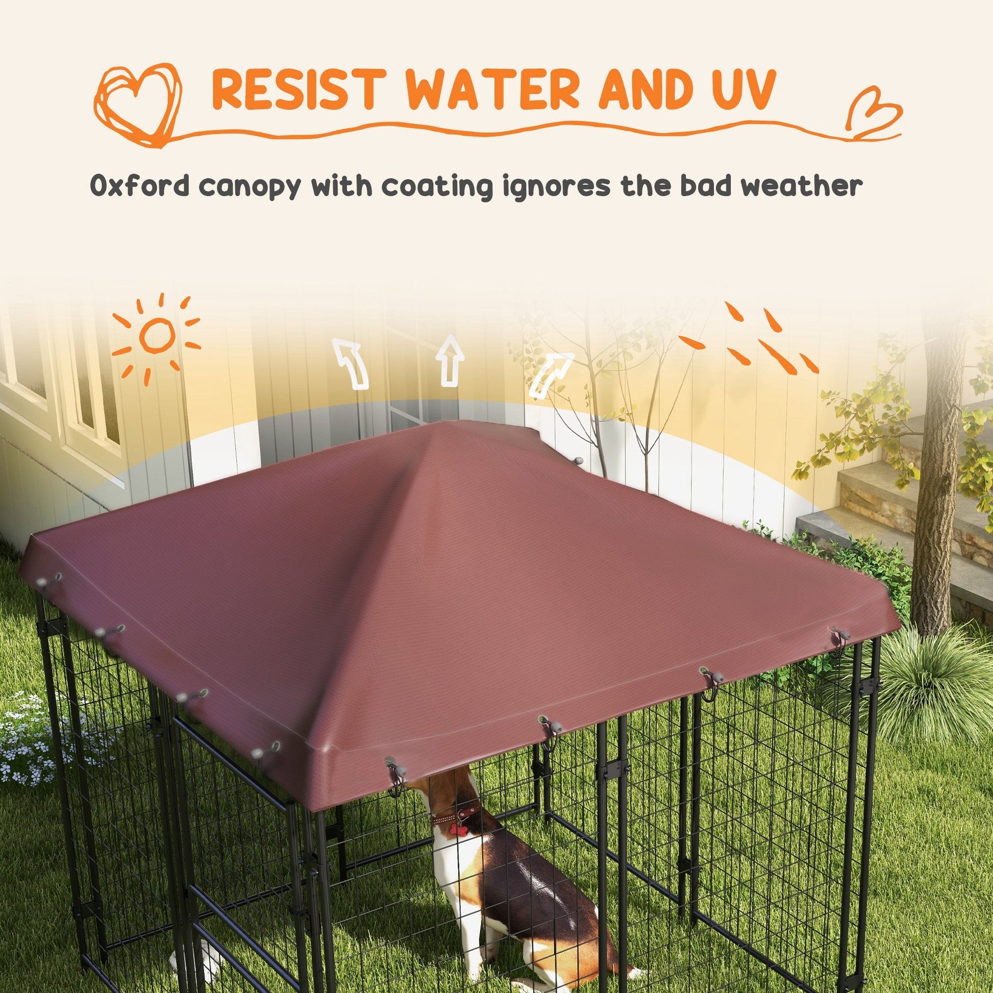 HKM-4711741 Outdoor Dog Kennel with Waterproof Canopy for Small to Medium Dogs - 4.6' x 4.6' x 5' with Dual Doors