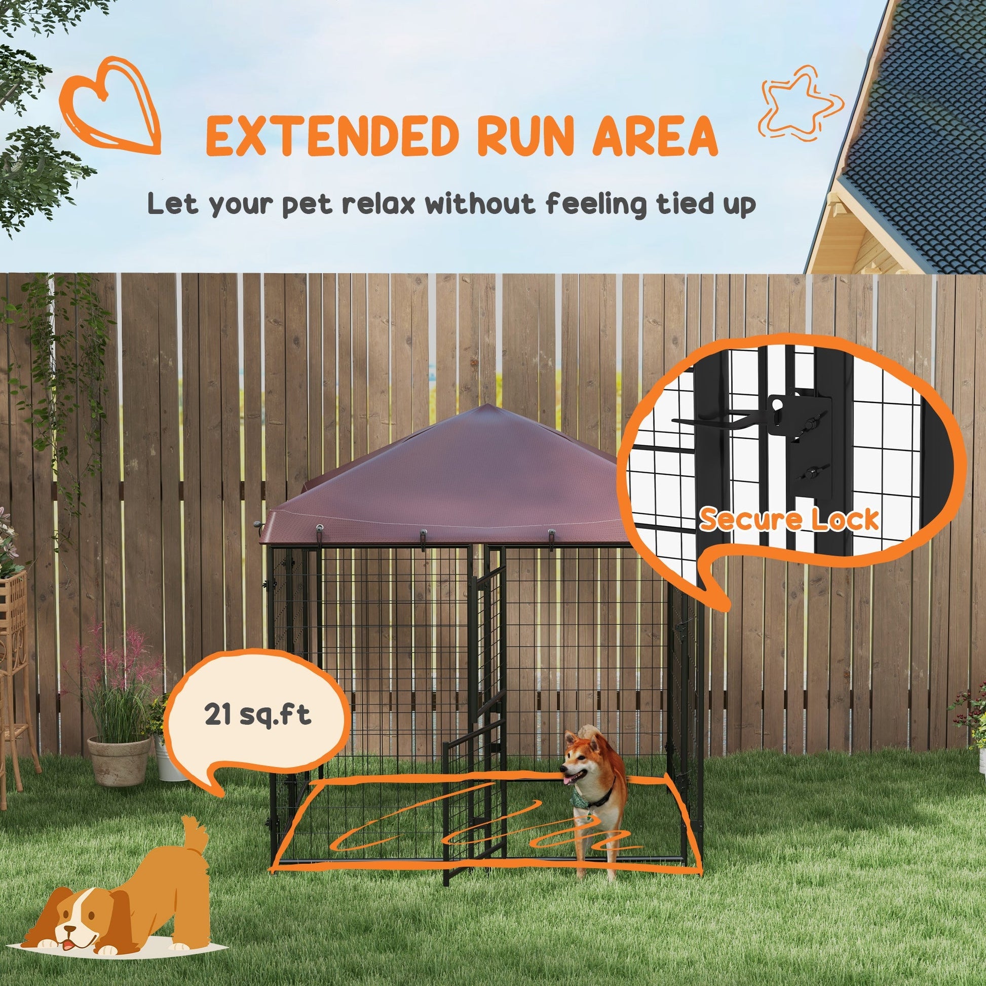 HKM-4711741 Outdoor Dog Kennel with Waterproof Canopy for Small to Medium Dogs - 4.6' x 4.6' x 5' with Dual Doors