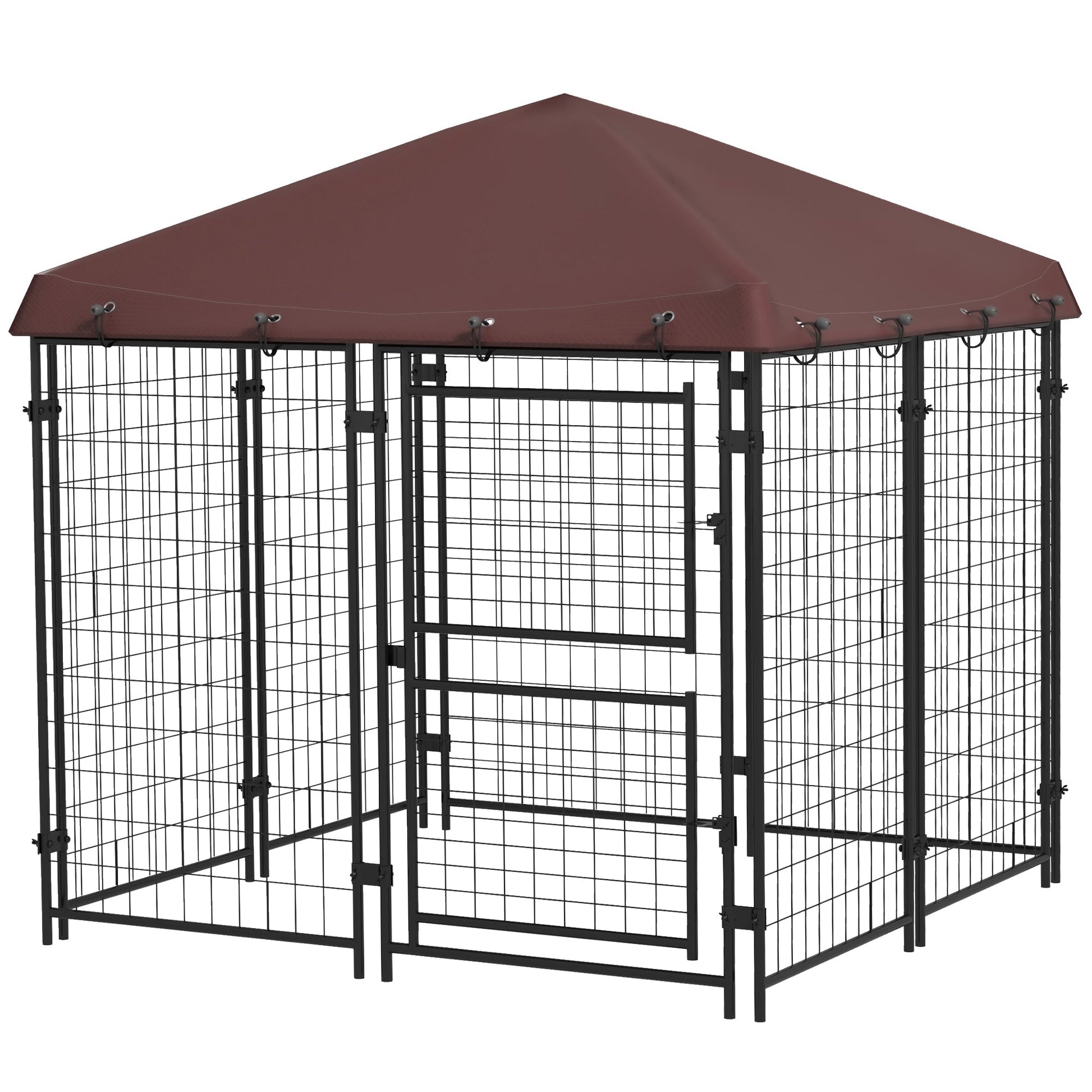 HKM-4711741 Outdoor Dog Kennel with Waterproof Canopy for Small to Medium Dogs - 4.6' x 4.6' x 5' with Dual Doors