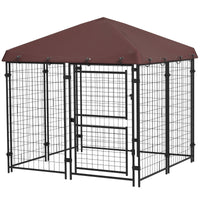 HKM-4711741 Outdoor Dog Kennel with Waterproof Canopy for Small to Medium Dogs - 4.6' x 4.6' x 5' with Dual Doors
