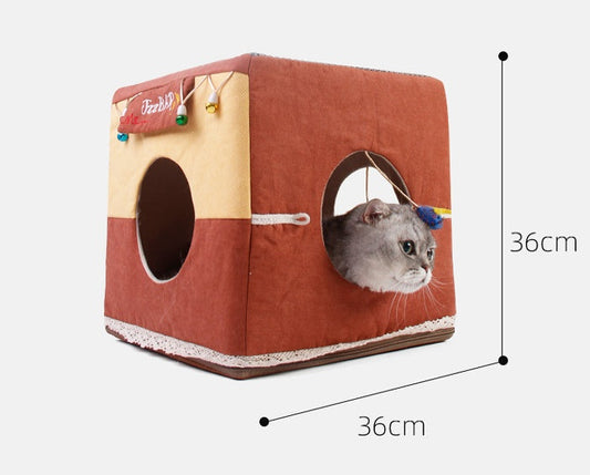 HKM-4713149 Foldable Semi-Enclosed Cat Nest in Matcha or Bar Square Design, Removable and Washable Pet Bed