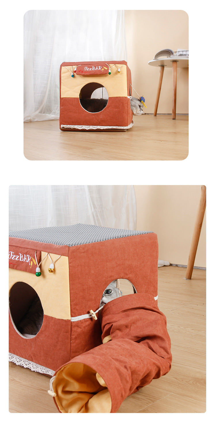HKM-4713149 Foldable Semi-Enclosed Cat Nest in Matcha or Bar Square Design, Removable and Washable Pet Bed