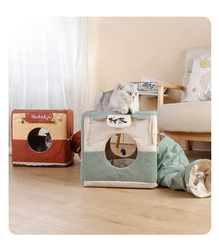 HKM-4713149 Foldable Semi-Enclosed Cat Nest in Matcha or Bar Square Design, Removable and Washable Pet Bed