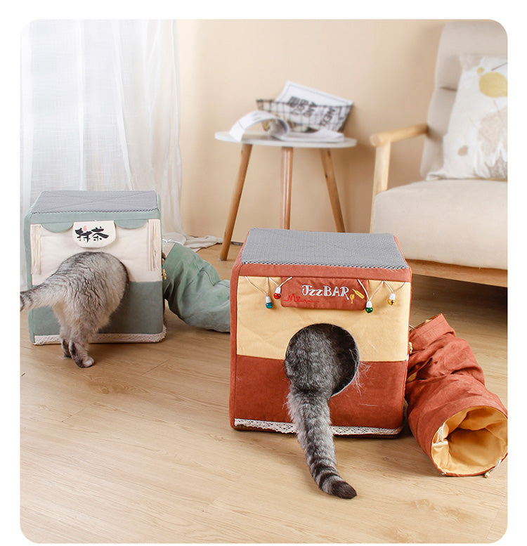 HKM-4713149 Foldable Semi-Enclosed Cat Nest in Matcha or Bar Square Design, Removable and Washable Pet Bed
