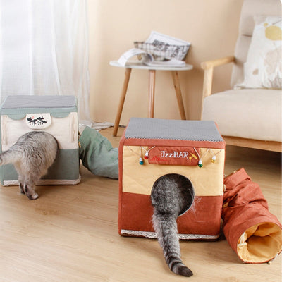 HKM-4713149 Foldable Semi-Enclosed Cat Nest in Matcha or Bar Square Design, Removable and Washable Pet Bed