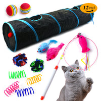 HKM-4715325 12-Piece Cat Toy Set with Fish Teaser, Plush Mouse, and Spring Tunnel