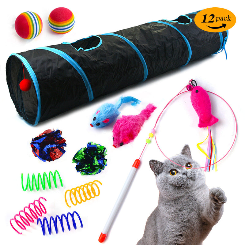 HKM-4715325 12-Piece Cat Toy Set with Fish Teaser, Plush Mouse, and Spring Tunnel