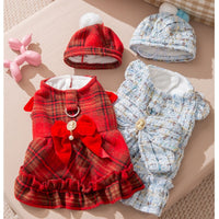 HKM-471699 Plush Bow Dress with Matching Cap for Small to Medium Dogs, Warm Wool Lining for Autumn and Winter