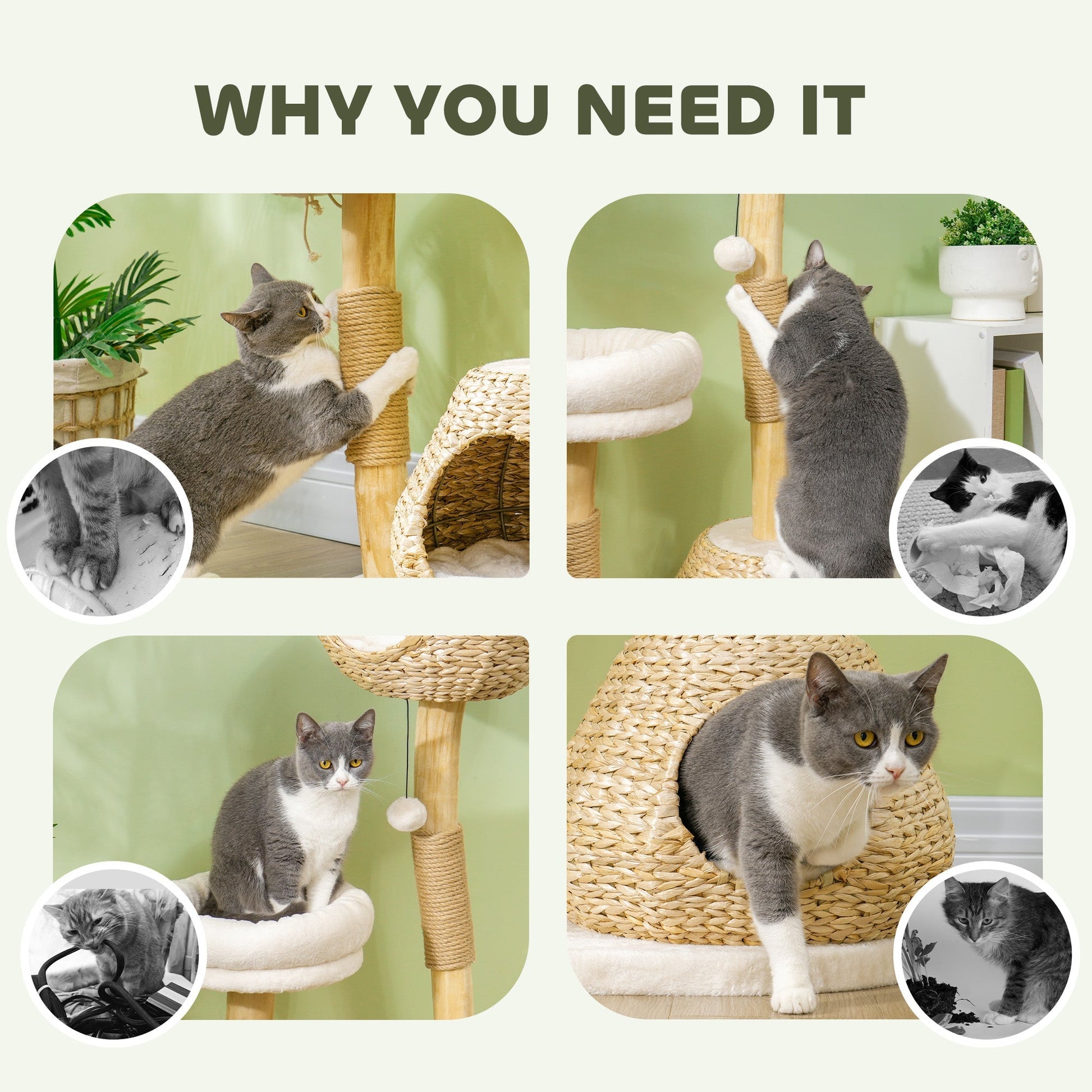 HKM-4717117 41" Indoor Cat Tree with Wooden Scratching Posts, Cozy Beds, and Toy Balls in Cream White