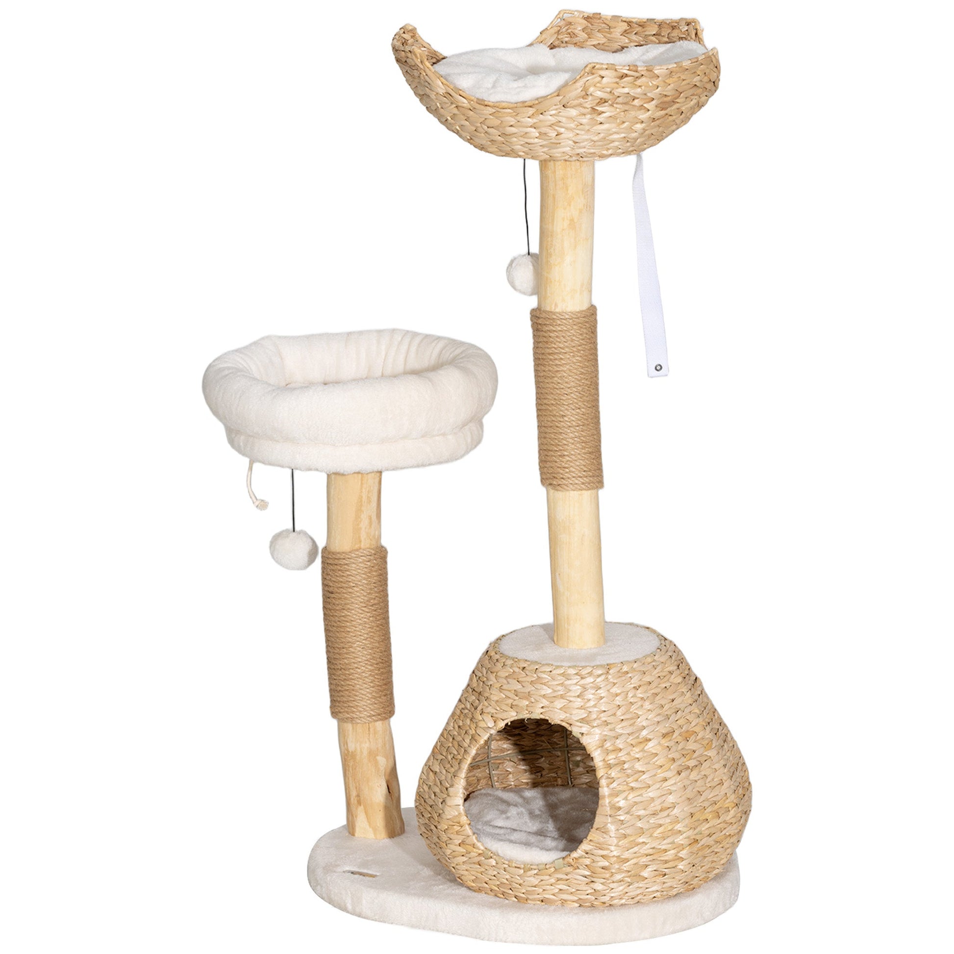 HKM-4717117 41" Indoor Cat Tree with Wooden Scratching Posts, Cozy Beds, and Toy Balls in Cream White