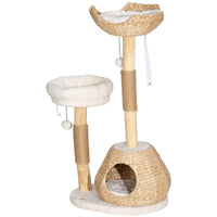 HKM-4717117 41" Indoor Cat Tree with Wooden Scratching Posts, Cozy Beds, and Toy Balls in Cream White