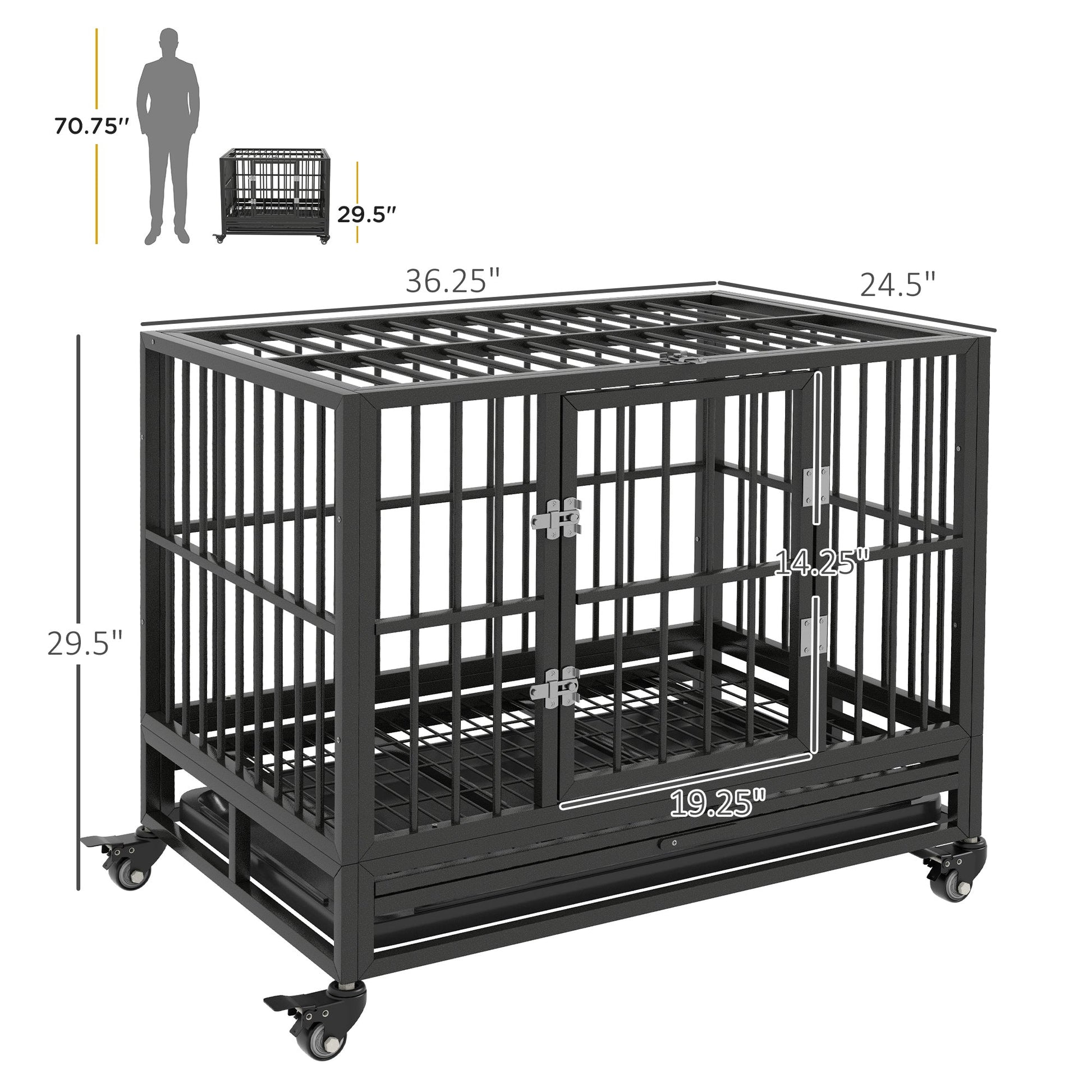HKM-4717501 Heavy Duty 36" Metal Dog Crate with Double Doors, Removable Tray, and Lockable Wheels in Gray