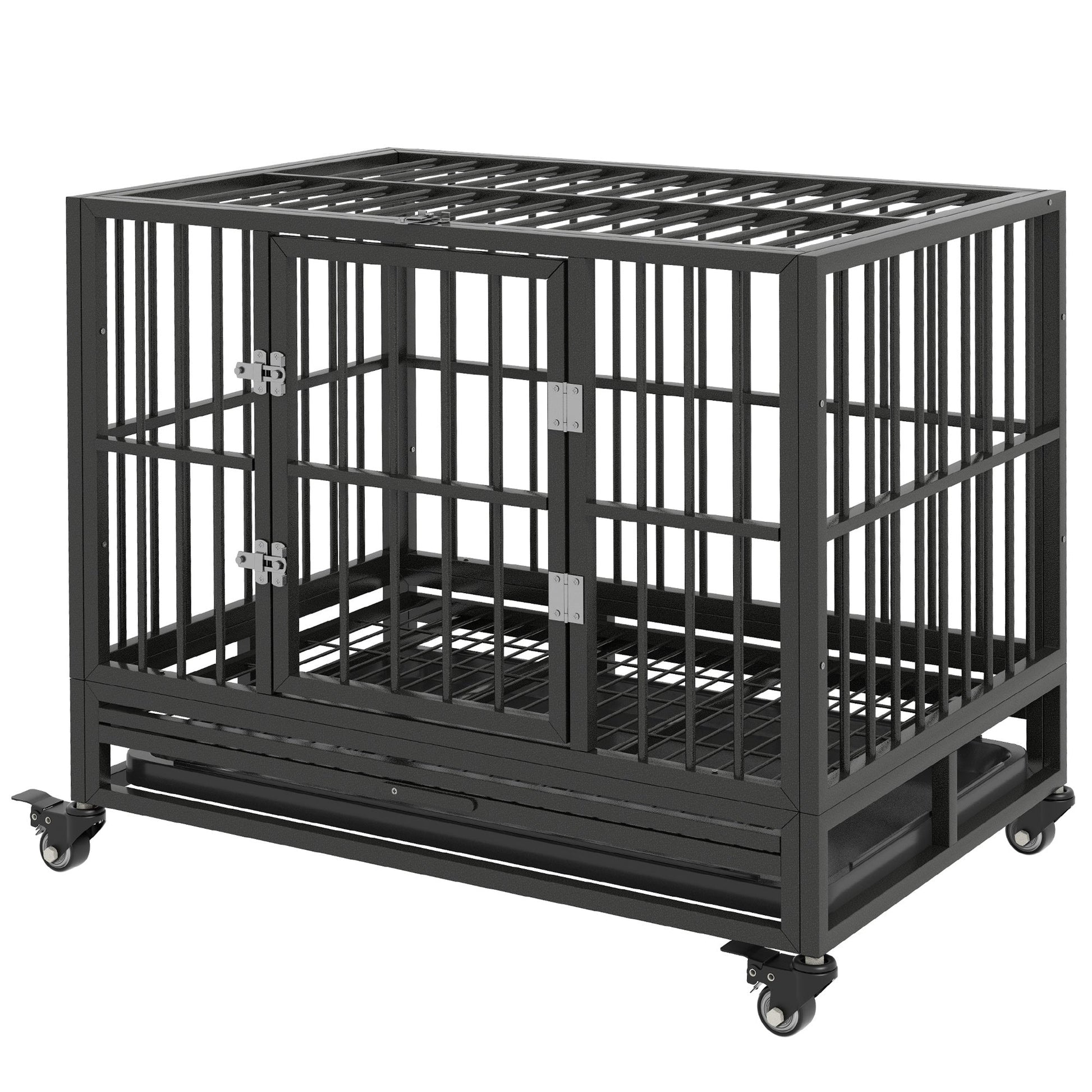 HKM-4717501 Heavy Duty 36" Metal Dog Crate with Double Doors, Removable Tray, and Lockable Wheels in Gray