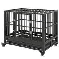 HKM-4717501 Heavy Duty 36" Metal Dog Crate with Double Doors, Removable Tray, and Lockable Wheels in Gray
