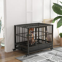 HKM-4717501 Heavy Duty 36" Metal Dog Crate with Double Doors, Removable Tray, and Lockable Wheels in Gray