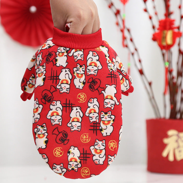 HKM-4718909 New Year's Celebration Pet Fleece Sweater with Lucky Cat Design