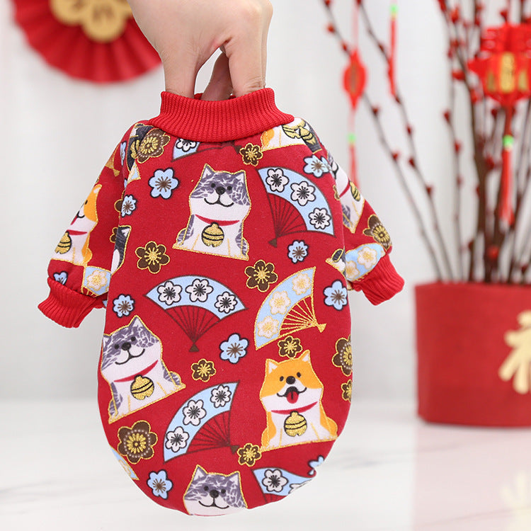 HKM-4718909 New Year's Celebration Pet Fleece Sweater with Lucky Cat Design