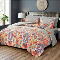 HKM-472211 Boho Gray King Comforter Set with Colorful Floral Design - 3 Pieces