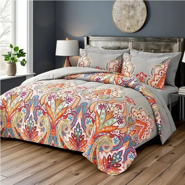 HKM-472211 Boho Gray King Comforter Set with Colorful Floral Design - 3 Pieces