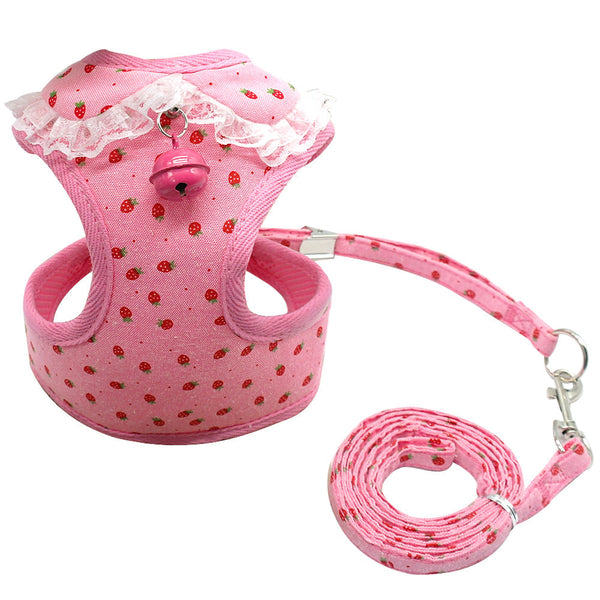 HKM-4728637 Pink Bell Dog Harness and Leash for Small Dogs, Adjustable Canvas and Polyester Mesh, Various Sizes Available