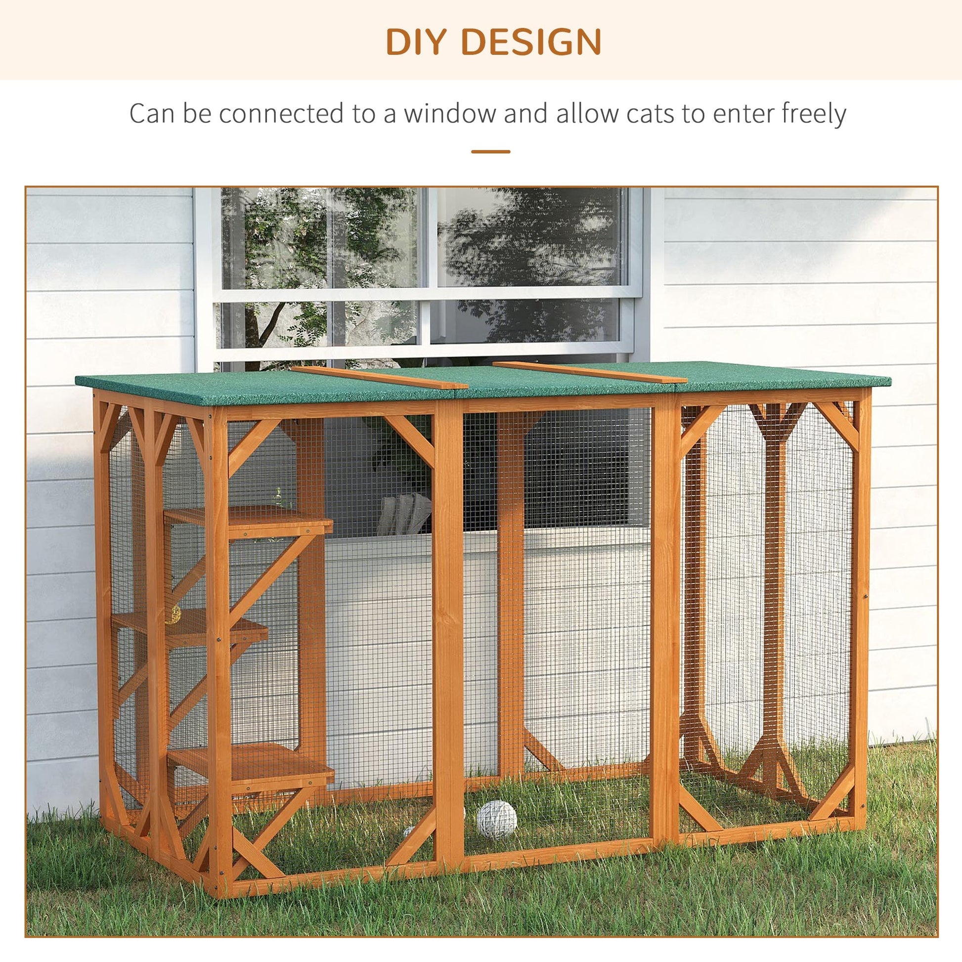 HKM-4729405 Large Wooden Outdoor Cat House with Platforms and Weatherproof Roof, Ideal Cat Enclosure for 1-2 Cats, Orange