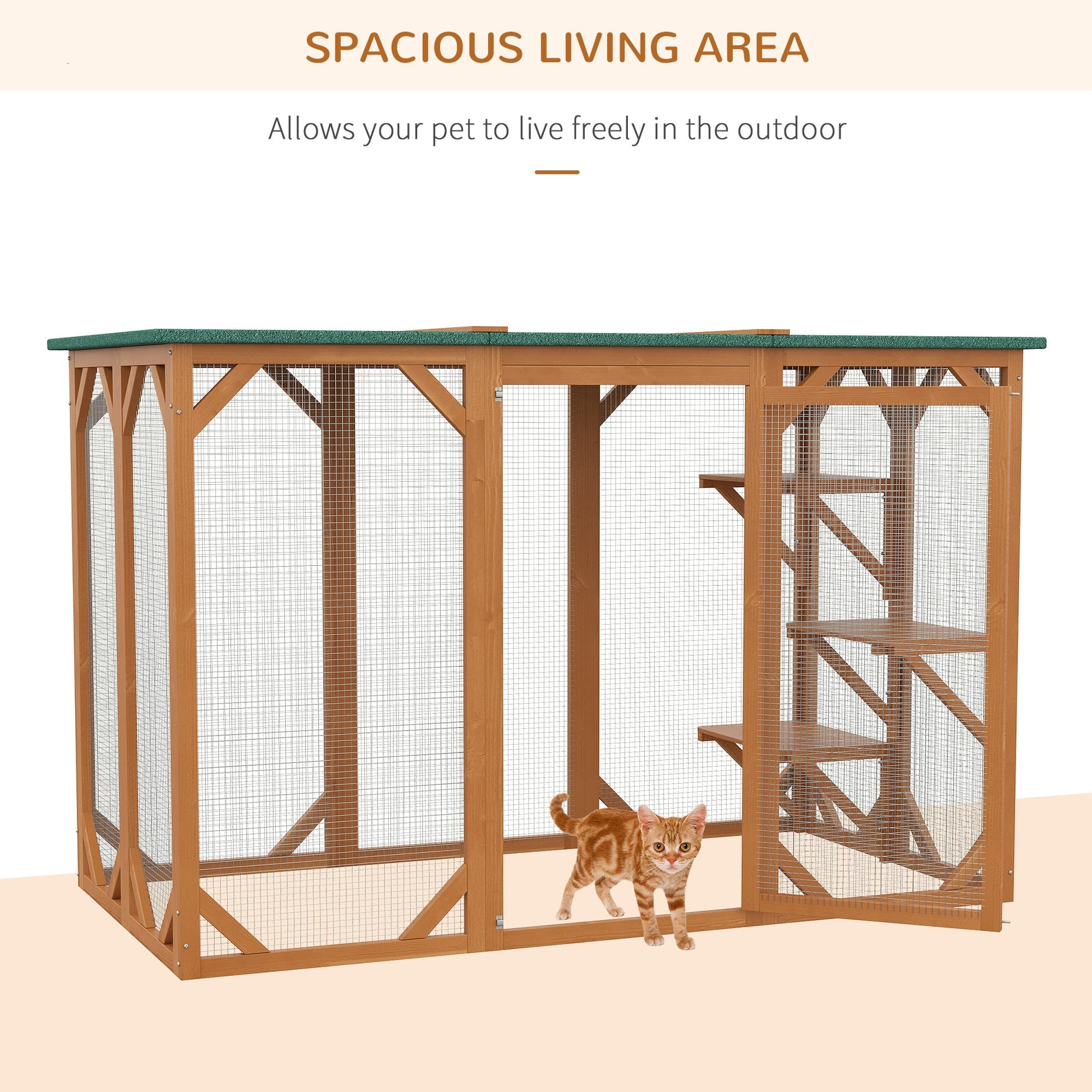 HKM-4729405 Large Wooden Outdoor Cat House with Platforms and Weatherproof Roof, Ideal Cat Enclosure for 1-2 Cats, Orange