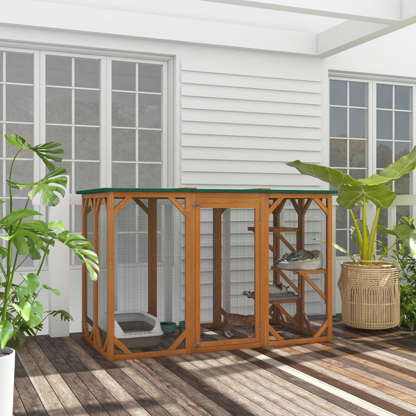 HKM-4729405 Large Wooden Outdoor Cat House with Platforms and Weatherproof Roof, Ideal Cat Enclosure for 1-2 Cats, Orange