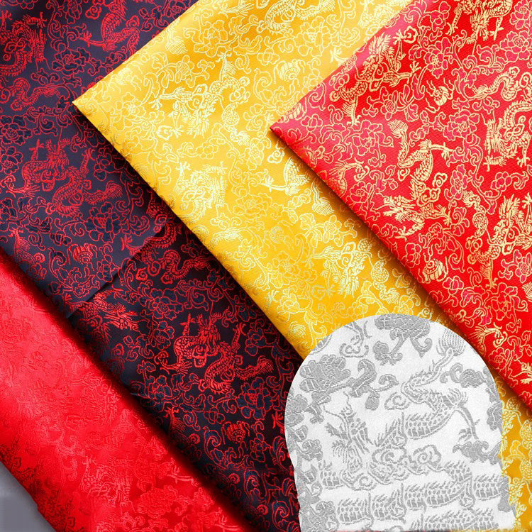 HKM-473043 Happy Auspicious Dragon and Phoenix Brocade Fabric for Skirts, Shirts, and Wedding Dresses - 50% Rayon, 50% Polyester, 150cm Wide