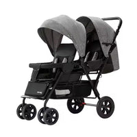HKM-4732243 tandem twin stroller with printed canopies and black seats
