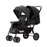 HKM-4732243 all black tandem twin stroller with dual canopies