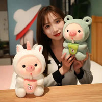 HKM-473811 Kawaii Pig Bubble Tea Plush Toy – Soft Sleeping Pillow Cushion for Kids and Adults