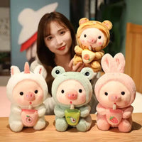 HKM-473811 Kawaii Pig Bubble Tea Plush Toy – Soft Sleeping Pillow Cushion for Kids and Adults
