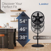 HKM-4738387 18" Adjustable Height Oscillating Pedestal Fan with 3 Speeds, Black, Model 1827