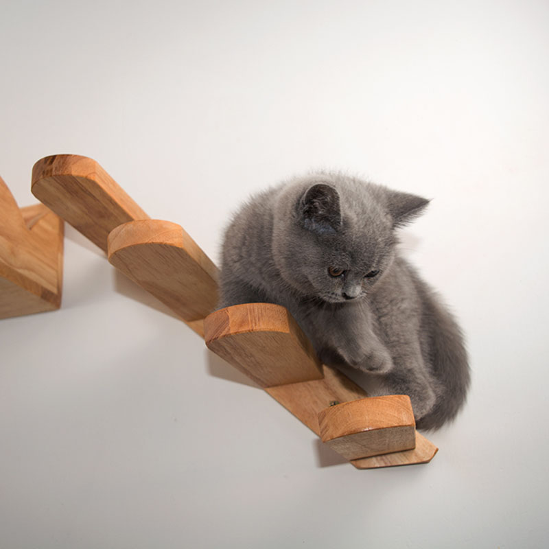HKM-4739261 Wall-Mounted Cat Climbing Stairs - Solid Wood Jumping Platform for Active Cats