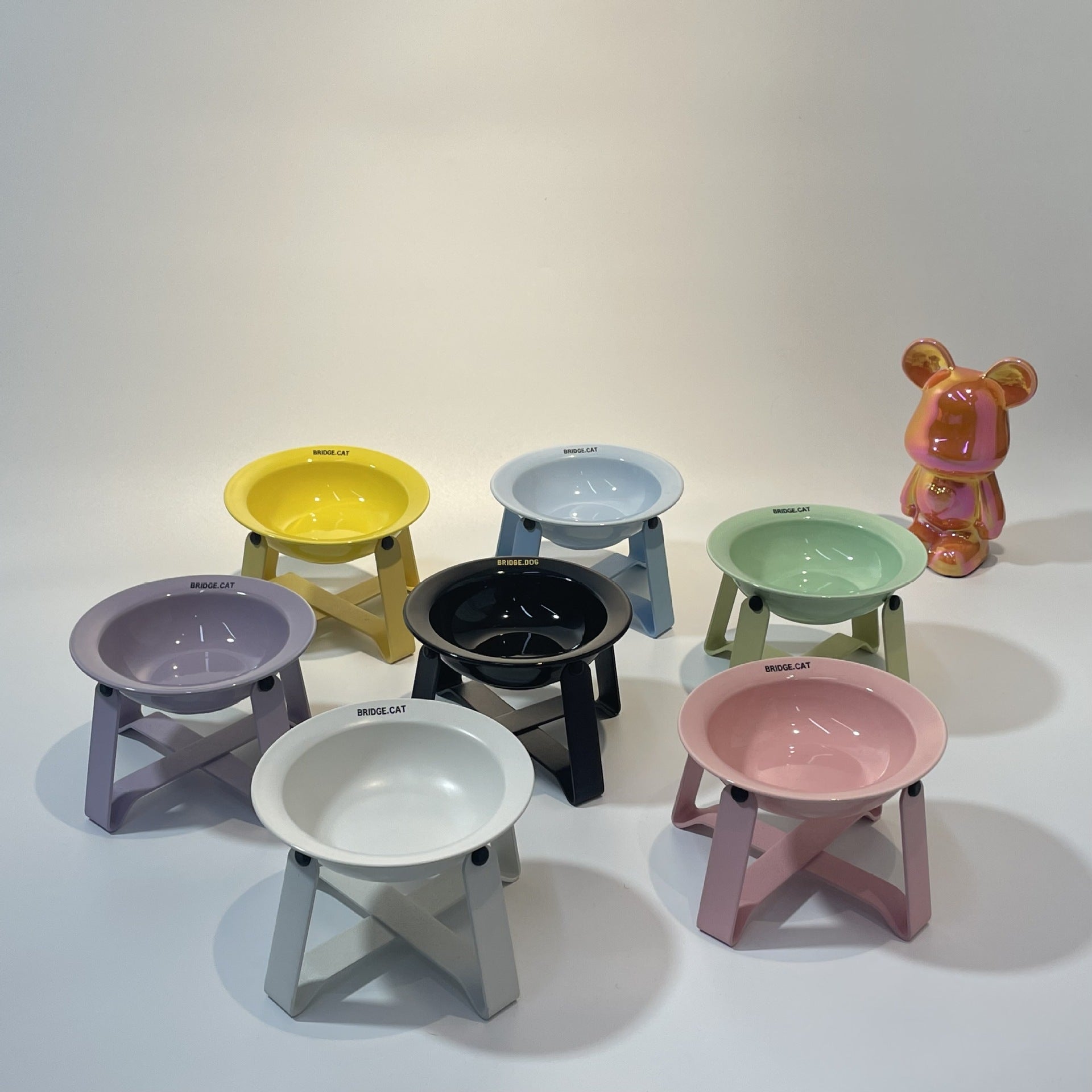 HKM-474387 Ceramic Cat Bowls with Iron Frame Stand - Stylish Elevated Dining Set for Cats