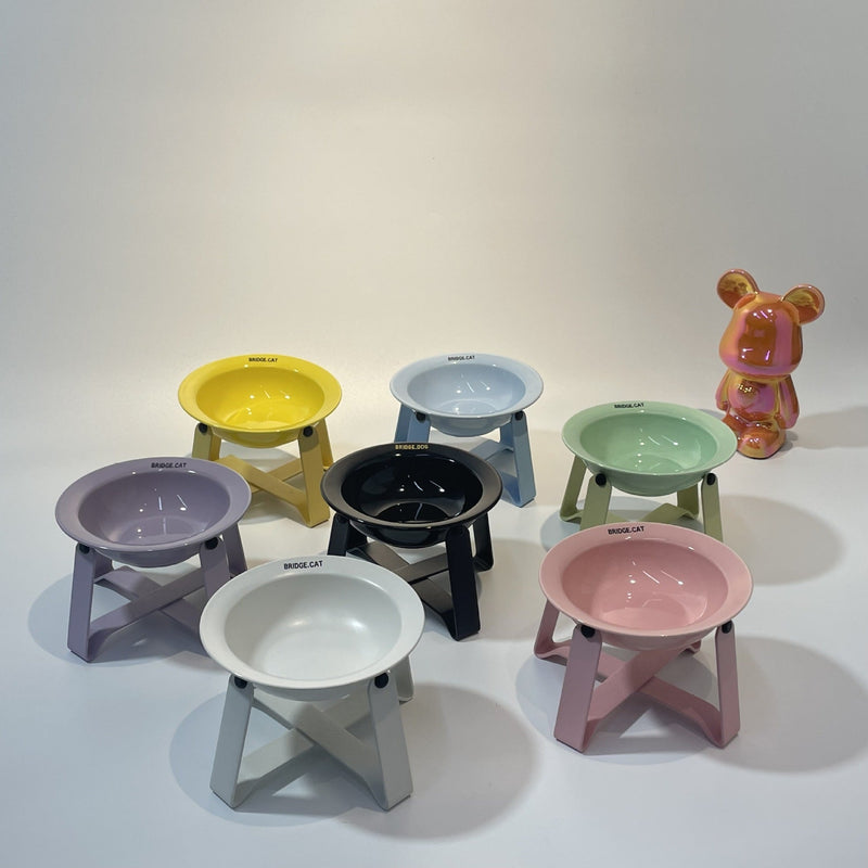 HKM-474387 Ceramic Cat Bowls with Iron Frame Stand - Stylish Elevated Dining Set for Cats