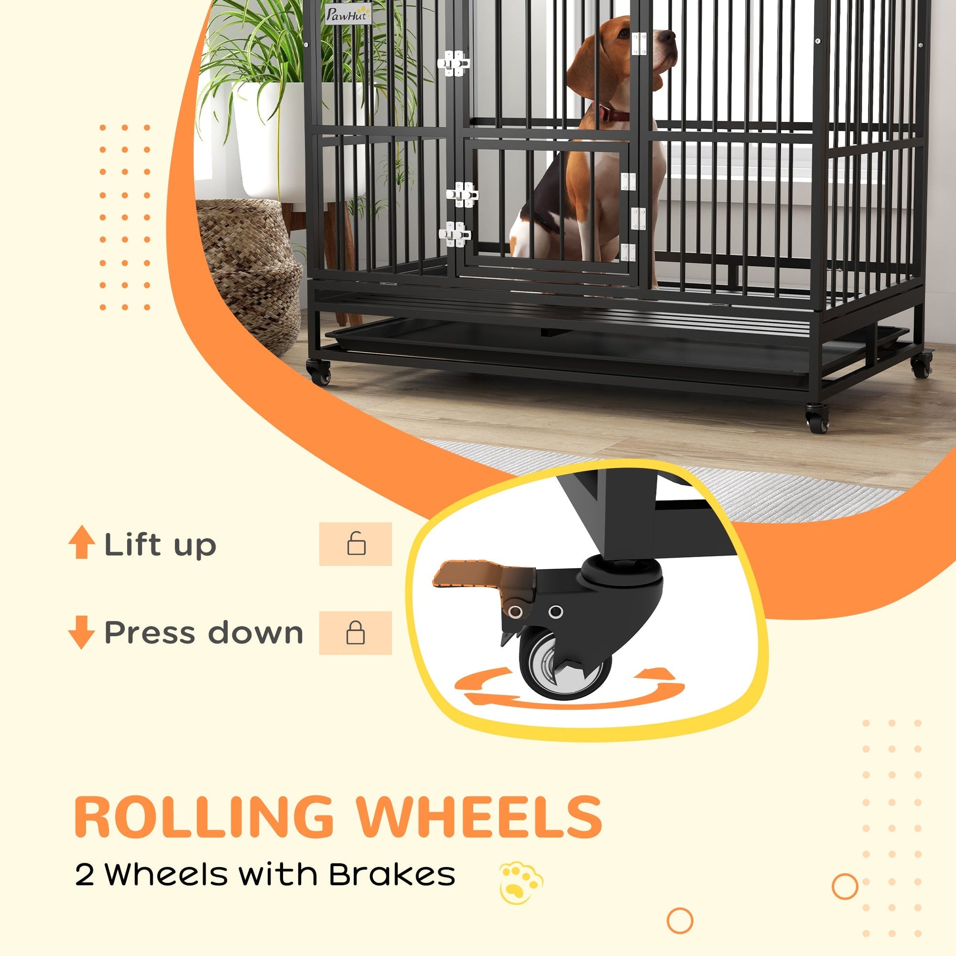 HKM-4744509 Heavy Duty 48" Dog Crate with Double Doors, Lockable Wheels, and Removable Tray for Large Dogs