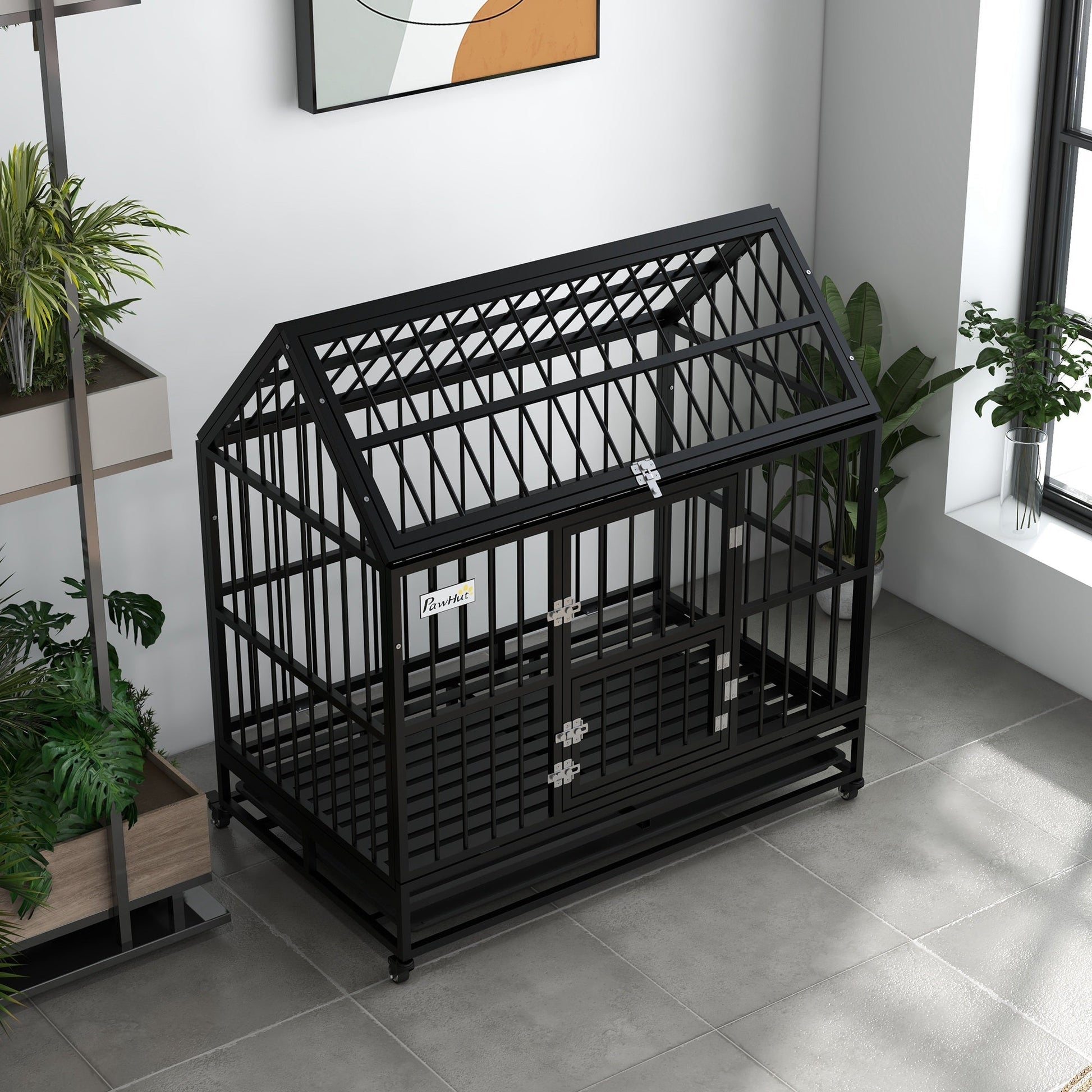 HKM-4744509 Heavy Duty 48" Dog Crate with Double Doors, Lockable Wheels, and Removable Tray for Large Dogs